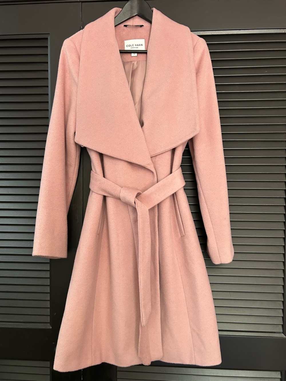 Cole Haan Wool Blend Blush Pink Long Sleeve Belted Wrap Coat, Size 12